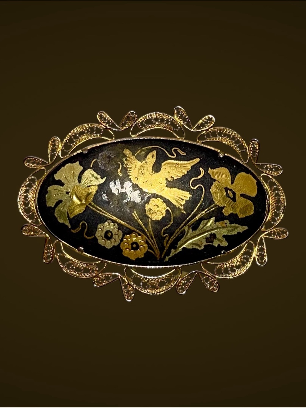 Damascene Bird and Floral Gold Tone Filigree Black Niello Trombone Clasp Brooch